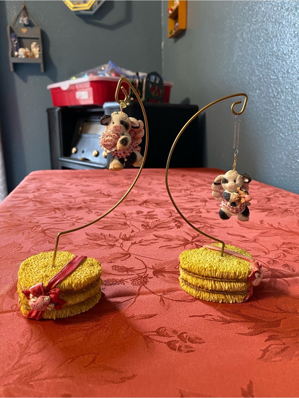 1995 Mary Moo Moos Girl with Heart and Boy Cupid Hanging Ornaments.